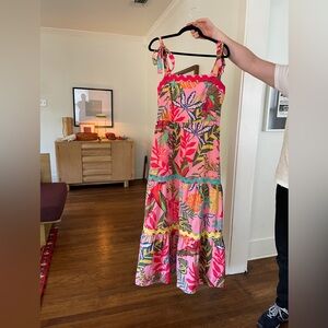 Avara Susana Floral Maxi Dress Womens Large Pink Smocked Tie Tropical Resort